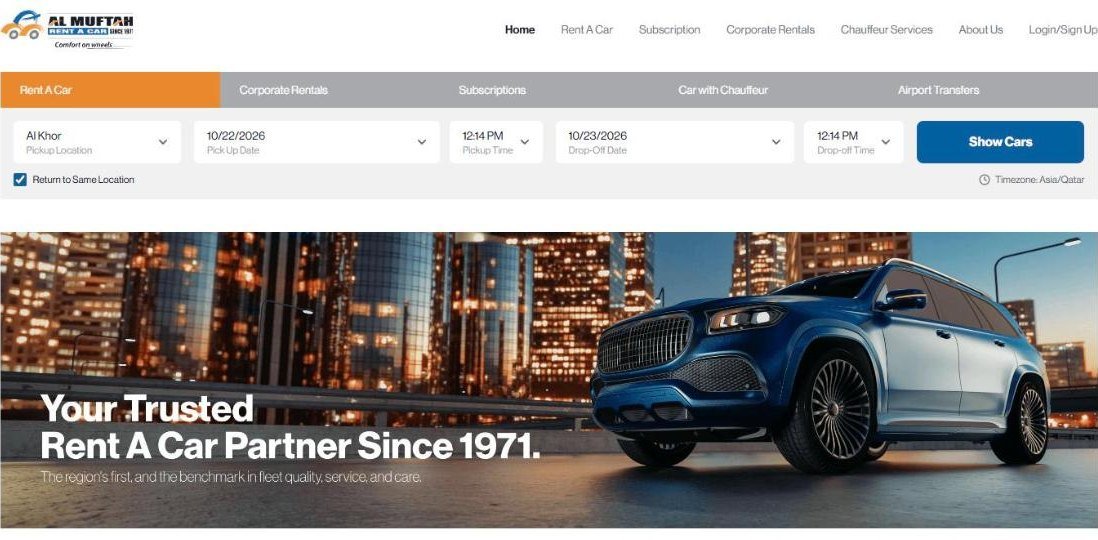 Al Muftah Rent A Car website home page with the booking bar